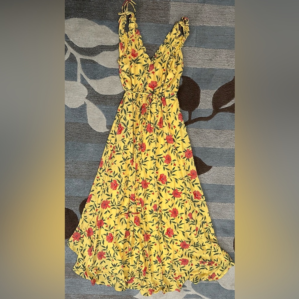 Lulu’s Blossoming Heart Yellow Floral Print Ruffled High-Low Wrap Dress - Picture 6 of 10